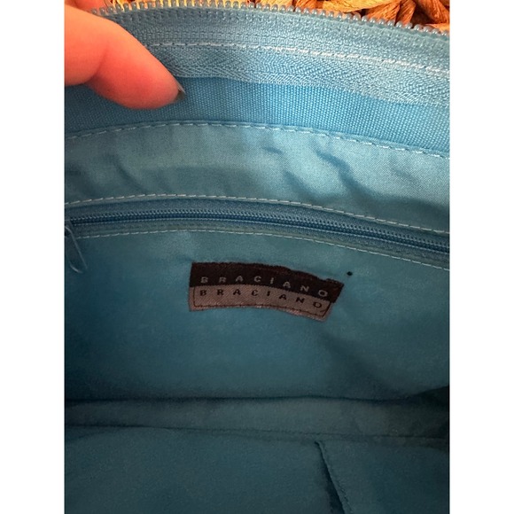 Vintage Braciano Blue Green Plaid Ruffle Bamboo Handle Handbag - Picture 3 of 4